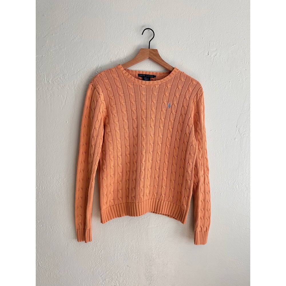 Ralph Lauren Womens Peach Orange Cable Knit Cotton Crew Neck Sweater Size L